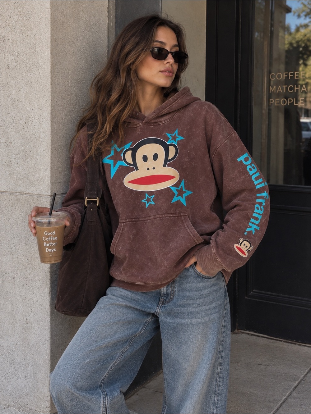 NWOT Paul Frank Julius Monkey Brown Acid Wash Star Graphic Hoodie Y2K